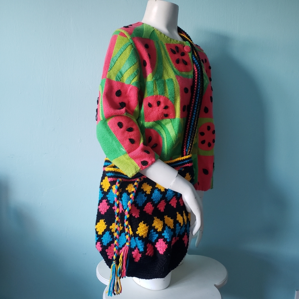 Knit crochet drawstring rainbow hippy hippie boho bag purse diamonds stripes - Picture 4 of 5